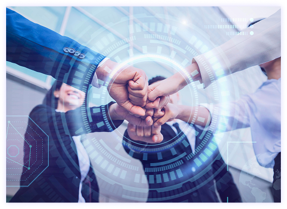Business people joining hands in unity with digital interface overlay