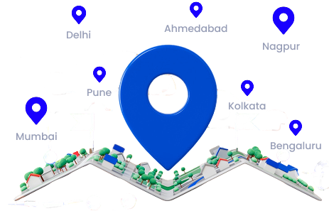 Map with location markers for Delhi, Ahmedabad, Nagpur, Pune, Mumbai, Kolkata, and Bengaluru